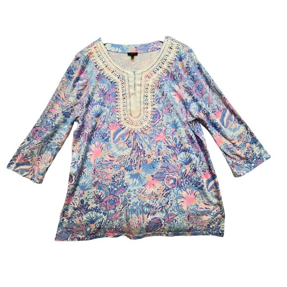 Talbots Lace Trim Tunic Flowing Floral Blouse Womens XL Blue 3/4 Sleeves Boho - Picture 2 of 11